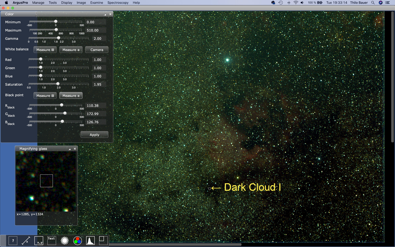 Figure 1: Result from using the dark cloud I close to NGC 7000 as a black point estimated looks promising, but resulted in a loss of the very faint structures in the field of view. This cloud contains many faint stars. Even if the stars aren't really visible (because the sky background is not properly determined) they add reasonable bias. Ths black point estimate is too high resulting in loss of nebula contents and faint stars.
