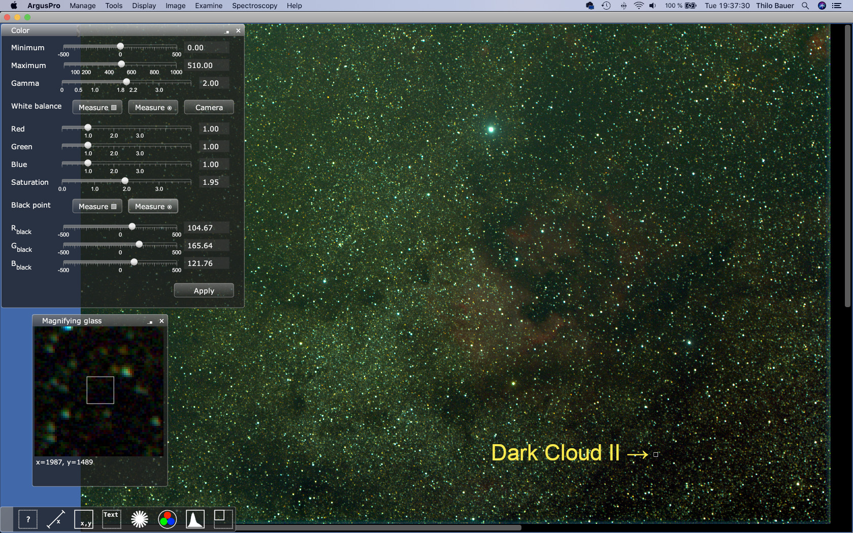 Figure 2: Result from using the dark cloud close II to NGC 7000 revealed fainter structures of the nebula and the surrounding faint stars in the field. The measured RGB values are lower compared to the previous measures from dark cloud I. The image appears brighter overall, because the sky background found in this cloud was found lower. Also note, there is a slight difference in color appearance when comparing this image with the previous one.